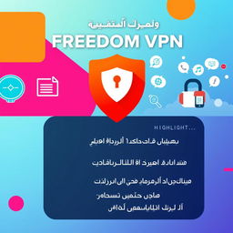 A visually striking advertisement for FREEDOM VPN in Persian language, featuring highlights of the service