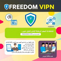 A visually striking advertisement for FREEDOM VPN in Persian language, featuring highlights of the service
