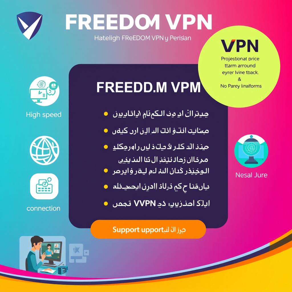 A visually striking advertisement for FREEDOM VPN in Persian language, featuring highlights of the service