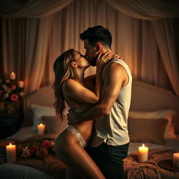 A sensual and alluring scene featuring an attractive couple in an intimate moment, set in a luxurious bedroom with soft, ambient lighting