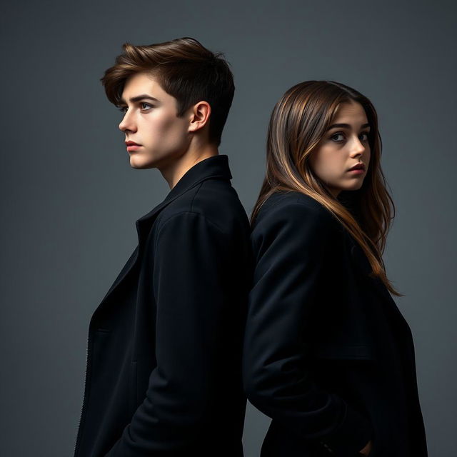 A vertical image sized approximately 15x22, showcasing a realistic American girl around 17 years old and an American guy around 19 years old, standing back to back while turning away from each other and gazing in different directions