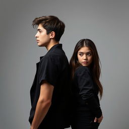 A vertical image sized approximately 15x22, showcasing a realistic American girl around 17 years old and an American guy around 19 years old, standing back to back while turning away from each other and gazing in different directions