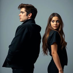 A vertical image sized approximately 15x22, showcasing a realistic American girl around 17 years old and an American guy around 19 years old, standing back to back while turning away from each other and gazing in different directions