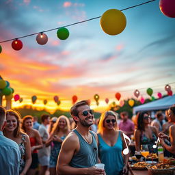 A vibrant, lively outdoor party scene featuring a beautiful sunset backdrop