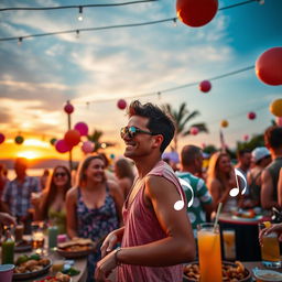 A vibrant, lively outdoor party scene featuring a beautiful sunset backdrop