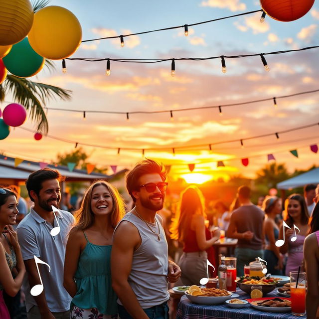 A vibrant, lively outdoor party scene featuring a beautiful sunset backdrop