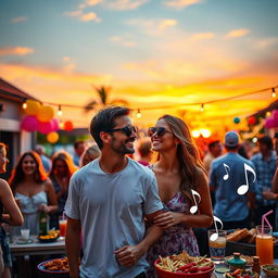 A vibrant, lively outdoor party scene featuring a beautiful sunset backdrop