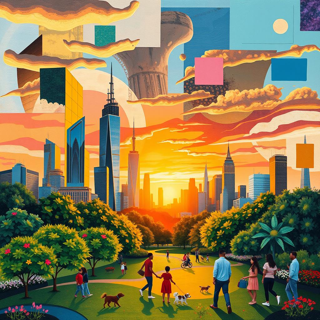 A vibrant collage of various artistic styles combining realism and abstraction, featuring a cityscape at sunset