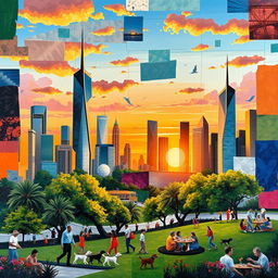 A vibrant collage of various artistic styles combining realism and abstraction, featuring a cityscape at sunset