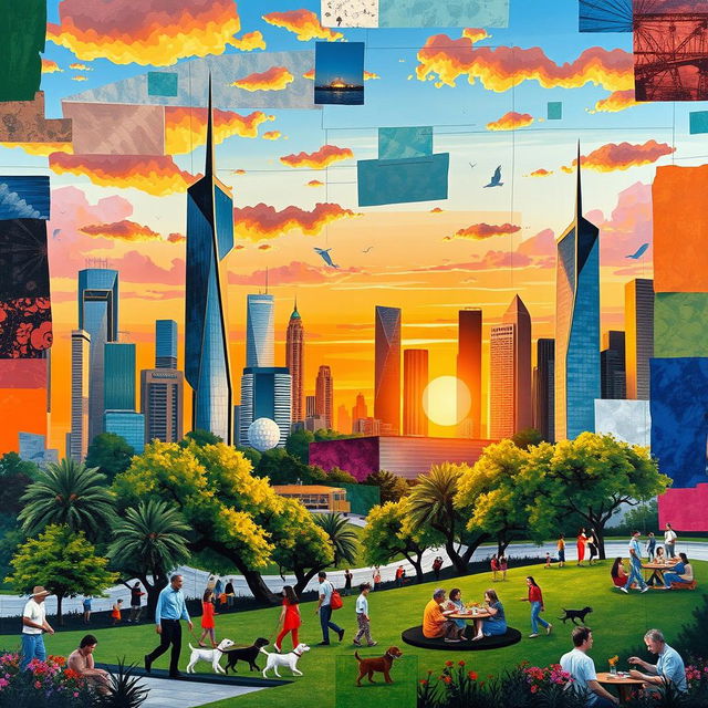 A vibrant collage of various artistic styles combining realism and abstraction, featuring a cityscape at sunset