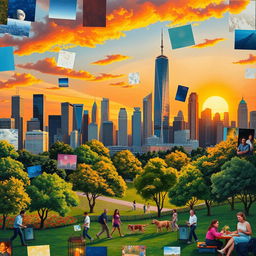 A vibrant collage of various artistic styles combining realism and abstraction, featuring a cityscape at sunset