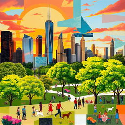 A vibrant collage of various artistic styles combining realism and abstraction, featuring a cityscape at sunset