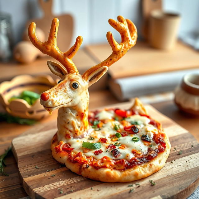 A whimsical scene featuring a pizza creatively shaped like a deer