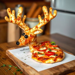 A whimsical scene featuring a pizza creatively shaped like a deer