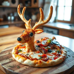 A whimsical scene featuring a pizza creatively shaped like a deer