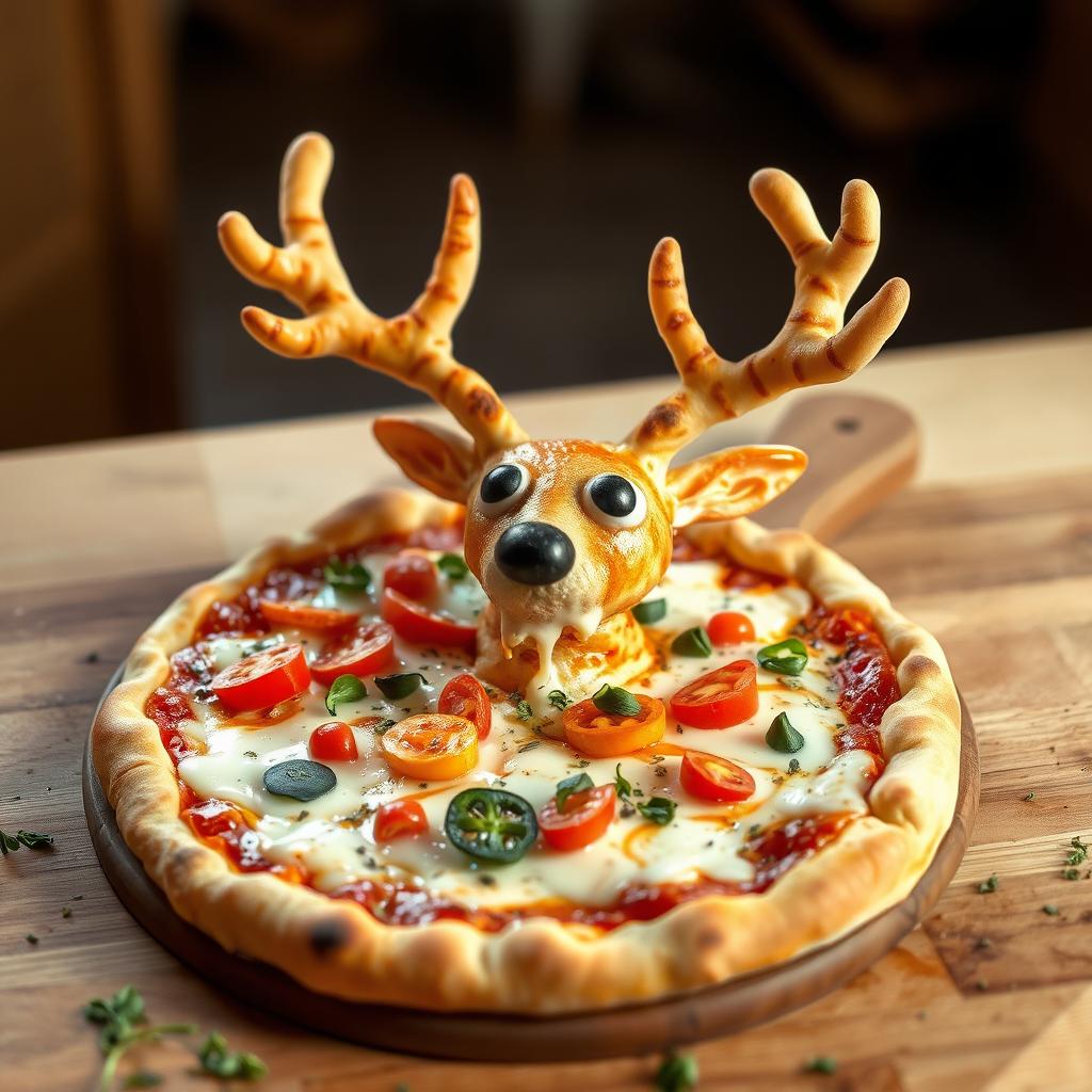 A whimsical scene featuring a pizza creatively shaped like a deer