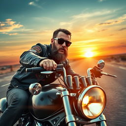 A tough-looking man with a rugged beard riding a powerful motorcycle