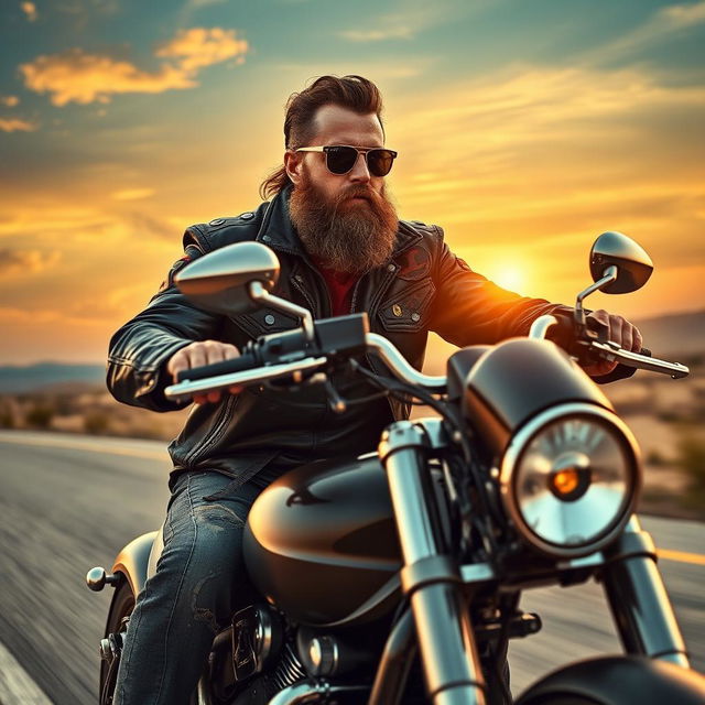 A tough-looking man with a rugged beard riding a powerful motorcycle