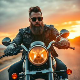 A tough-looking man with a rugged beard riding a powerful motorcycle