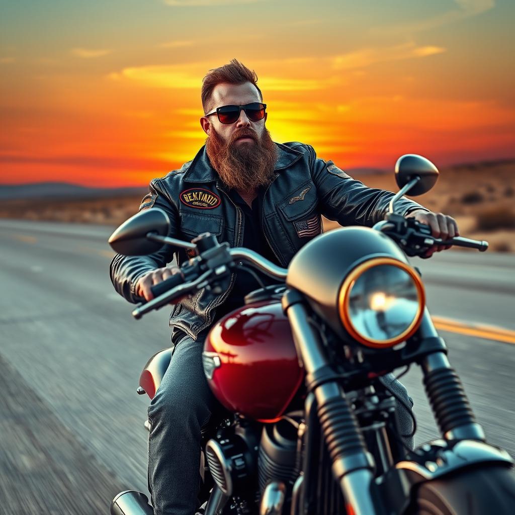 A tough-looking man with a rugged beard riding a powerful motorcycle