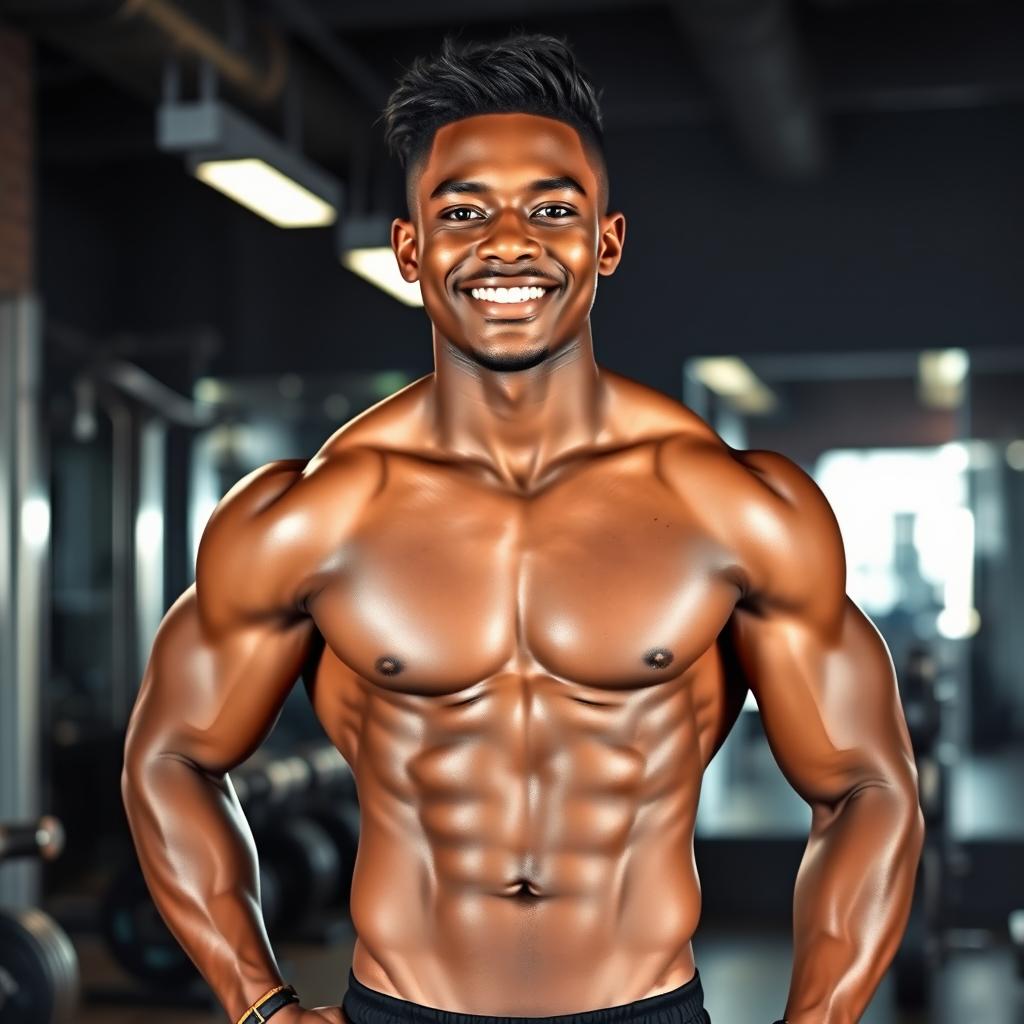 A muscular black male teenager with defined abs, showcasing his physique while standing confidently in a well-lit gym environment