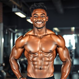 A muscular black male teenager with defined abs, showcasing his physique while standing confidently in a well-lit gym environment