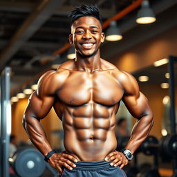 A muscular black male teenager with defined abs, showcasing his physique while standing confidently in a well-lit gym environment