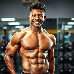 A muscular black male teenager with defined abs, showcasing his physique while standing confidently in a well-lit gym environment