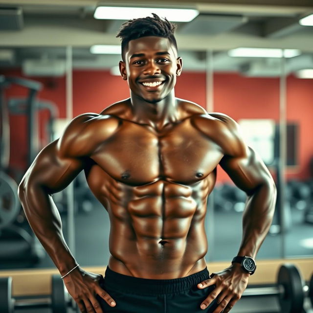 A muscular black male teenager with defined abs, showcasing his physique while standing confidently in a well-lit gym environment