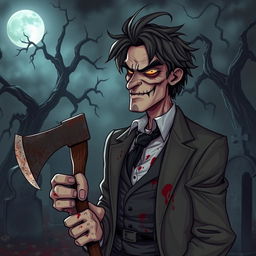 A dark and eerie scene featuring a horror-themed husband character