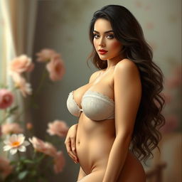 A beautifully rendered artistic figure study of an alluring woman with a curvy physique, featuring an emphasis on her ample bosom