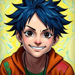 A teenage boy with midnight blue hair styled like Monkey D