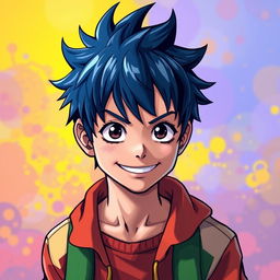 A teenage boy with midnight blue hair styled like Monkey D