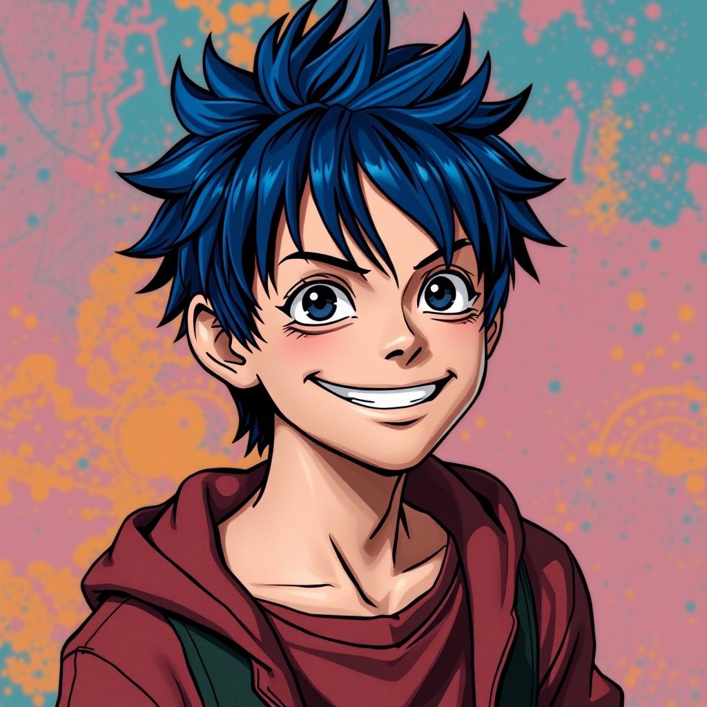 A teenage boy with midnight blue hair styled like Monkey D