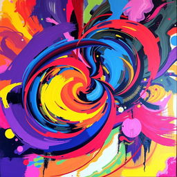 A stunning abstract art piece featuring vibrant colors and dynamic shapes that swirl together to create a sense of movement and energy