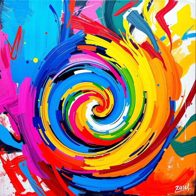 A stunning abstract art piece featuring vibrant colors and dynamic shapes that swirl together to create a sense of movement and energy