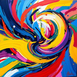 A stunning abstract art piece featuring vibrant colors and dynamic shapes that swirl together to create a sense of movement and energy