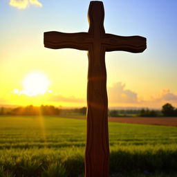 A beautifully crafted wooden cross, intricately detailed with carvings, standing tall in a serene sunset landscape