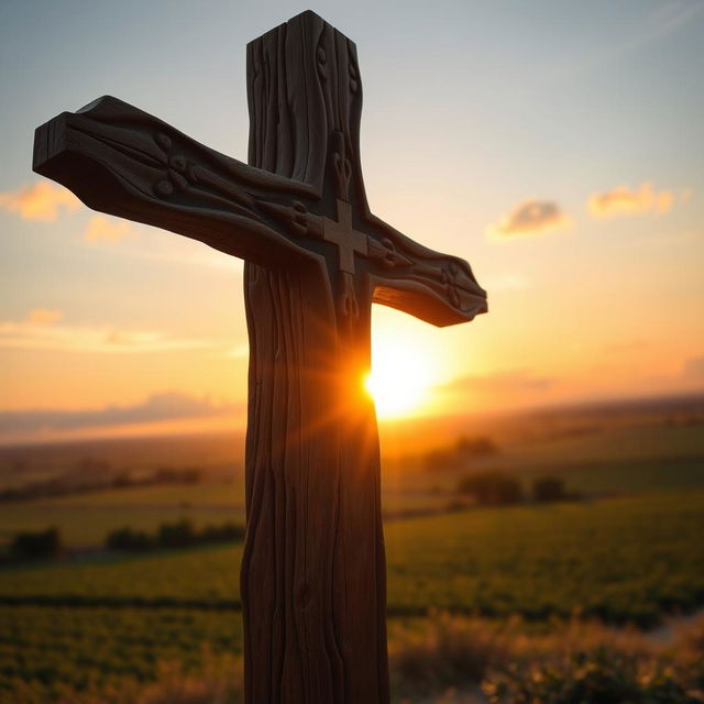 A beautifully crafted wooden cross, intricately detailed with carvings, standing tall in a serene sunset landscape