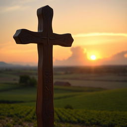 A beautifully crafted wooden cross, intricately detailed with carvings, standing tall in a serene sunset landscape