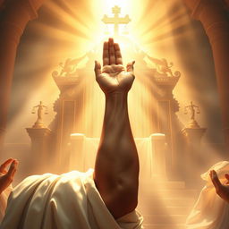 A majestic scene depicting the imagery of divine strength and justice from the biblical verse