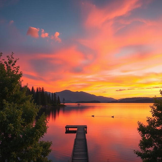 A serene landscape at sunset, featuring a calm lake reflecting the vibrant orange and pink hues of the sky