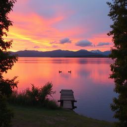 A serene landscape at sunset, featuring a calm lake reflecting the vibrant orange and pink hues of the sky