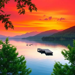 A serene landscape at sunset, featuring a calm lake reflecting the vibrant orange and pink hues of the sky