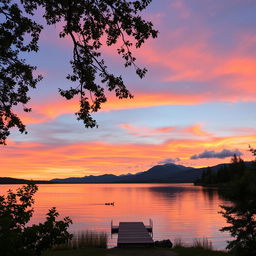 A serene landscape at sunset, featuring a calm lake reflecting the vibrant orange and pink hues of the sky