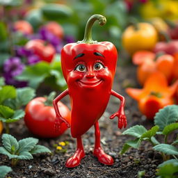 A surreal, anthropomorphic red pepper with human-like features