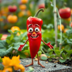A surreal, anthropomorphic red pepper with human-like features