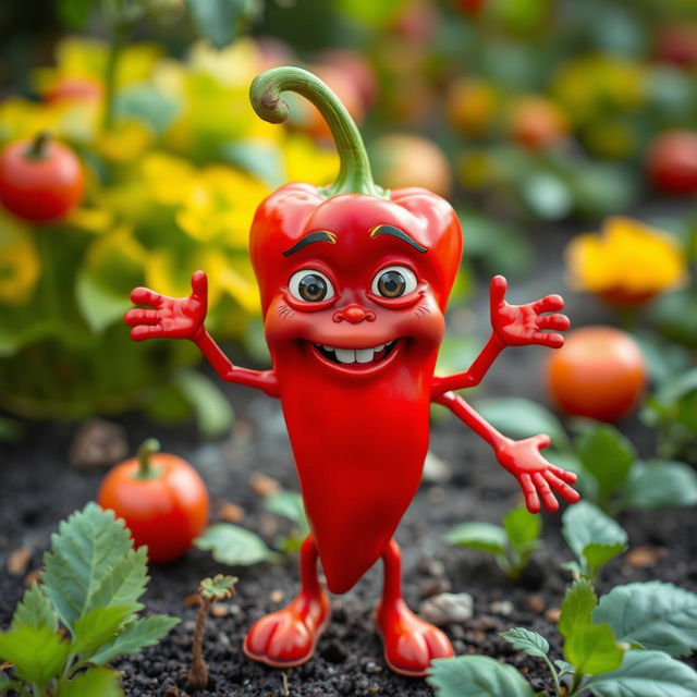 A surreal, anthropomorphic red pepper with human-like features