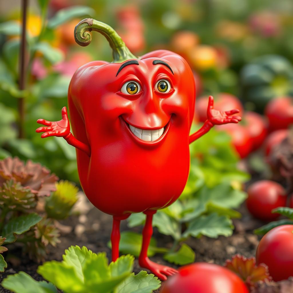 A surreal, anthropomorphic red pepper with human-like features