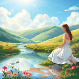 A beautifully illustrated scene depicting a serene landscape inspired by a Bible verse, featuring a tranquil river flowing through a lush green valley under a radiant blue sky